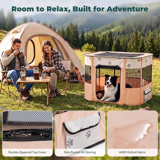 Avont Portable Pet Puppy Dog Playpen, Foldable Cat Playpen, Indoor/Outdoor | Water-Resistant Breathable Shade Cover, Travel Camping Use for Small Animals with Carrying Case, (L/Orange)