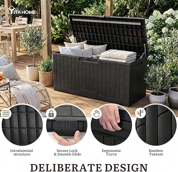 YITAHOME Large Deck Box 120 Gallon Resin Outdoor Storage Box | Patio Storage Bin and Bench Seat for Outdoor Pillows, Garden Tools and Pool Supplies, Waterproof Lockable, Black
