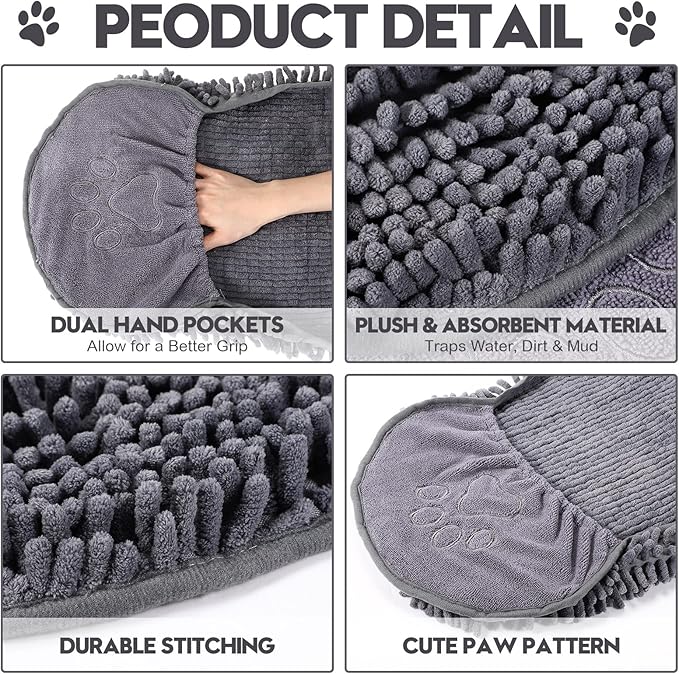 Newwiee 4 Pcs Large Dog Towels for Drying Dogs with Hand Pocket Microfiber Shammy Towel 32 x 14 in Dog Bath Towel Absorbent, Quick Drying, Machine Washable for Pet Puppy Clean Shower Supplies(Grey)