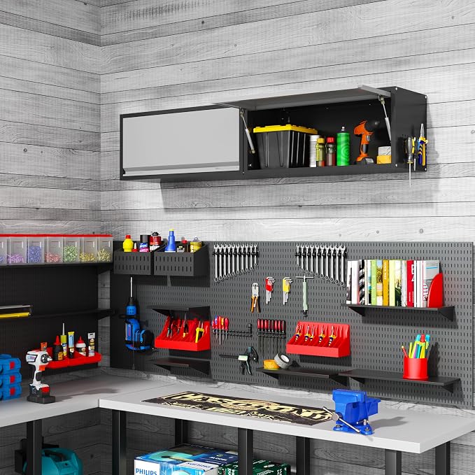 Garage Wall Cabinet, 13.8" H Metal Wall Cabinet with Up-Flip Door | Wall Mounted Metal Storage Cabinet, Upper Cabinet for Kitchen,Garage,Workshop,Warehouse, Assembly Required, Gray