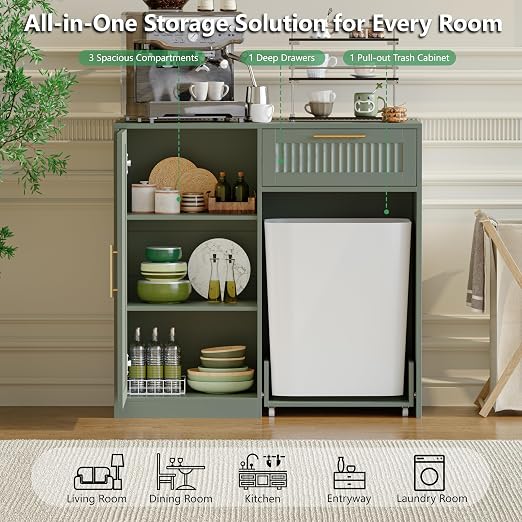Single 13 Gallon Pull Out Trash Can Cabinet with Storage Cabinet,Green | Pet Proof Hidden Garbage Can Cabinet,3-Tier Shelves,Fluted Design,Extra Drawer Space,Kitchen & Dining Room Organization