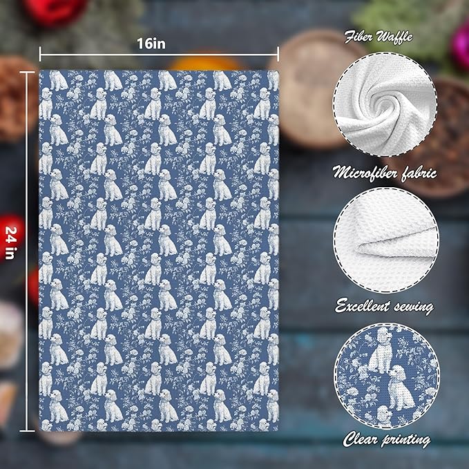 Blue Chinoiserie Poodle Decor Kitchen Towels, Blue and White Botanical Grandmillennial Dog Decorative Dish Tea Towels,Poodle Gifts for Kitchen Bathroom Decor, 16x24 Inch