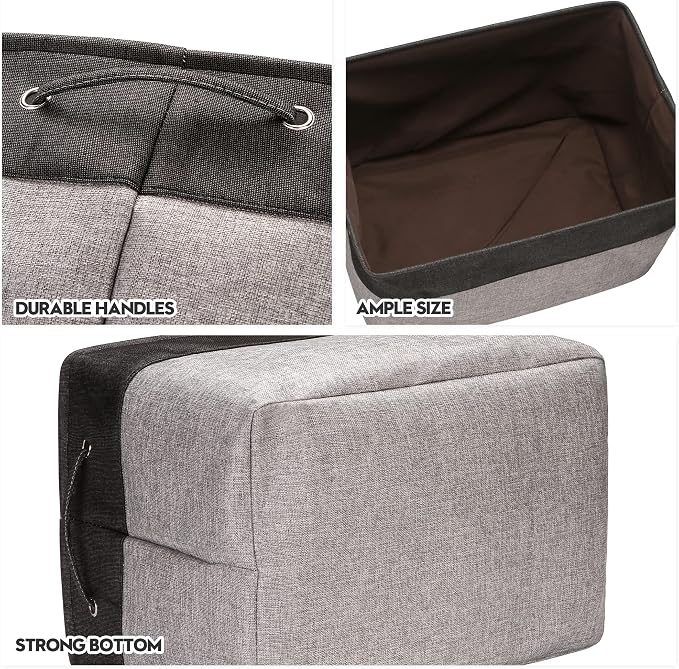Sea Team Oversized Rectangle Canvas Open-Top Storage Baskets, 3-Pack | Collapsible Fabric Storage Bins with Handles, Closet Shelf Organizers, 22 x 15 x 13 Inches, Gray & Black