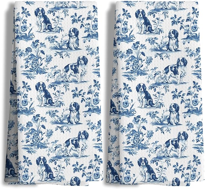 Chinoiserie Cavalier King Charles Spaniel Kitchen Towels Set of 2, Blue and White Floral Cavalier Spaniel Decor, Grandmillennial Dog Hand Towels for Kitchen Bathroom, 16x24 Inch