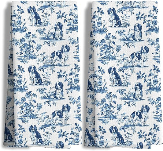 Chinoiserie Cavalier King Charles Spaniel Kitchen Towels Set of 2, Blue and White Floral Cavalier Spaniel Decor, Grandmillennial Dog Hand Towels for Kitchen Bathroom, 16x24 Inch