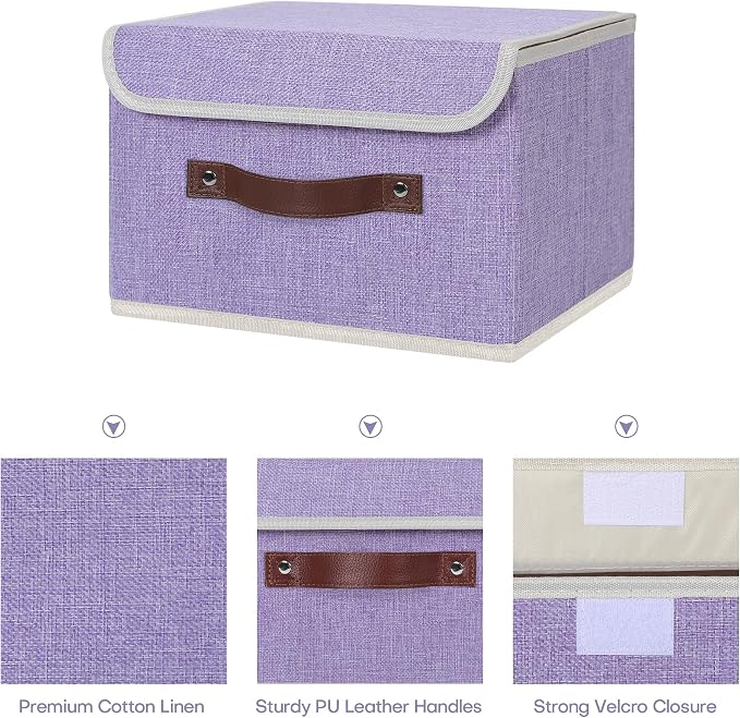 ANMINY Fabric Storage Box Bins with Lids, Purple, 10"x8"x7" | Keepsake Memory Storage, Cotton Linen, PP Board Reinforced, Washable, PU Handles, Foldable & Stackable, Decorative, Small