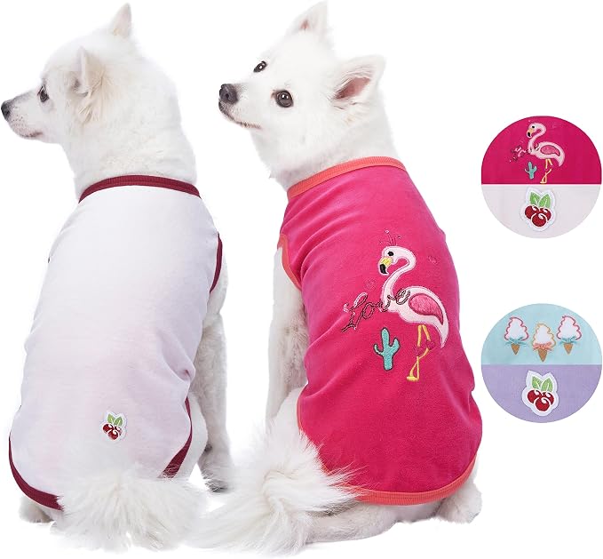 Blueberry Pet Pack of 2 Soft & Comfy Vacation Scene Flamingo Cotton Blend Dog Pajamas & Tank Top T Shirts, Back Length 14", Clothes for Dogs