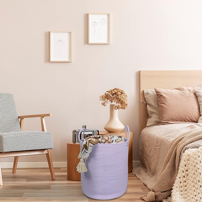 XUANGUO Rope Laundry Basket Hamper for Clothes Large Purple or Lavender | Baby Nursery Hamper Bin and Woven Storage Basket for Living Room Bedroom Boho Tall Rope Baskets Blankets Toys Pillows Towels