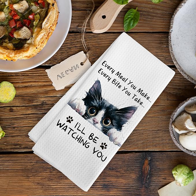 Funny Black and White Tuxedo Cat Kitchen Towels Decor, Funny Black and White Tuxedo Cat Stuff Gifts for Women, Every Meal You Make Every Bite You Take Dish Hand Tea Towels for Kitchen,16x24In