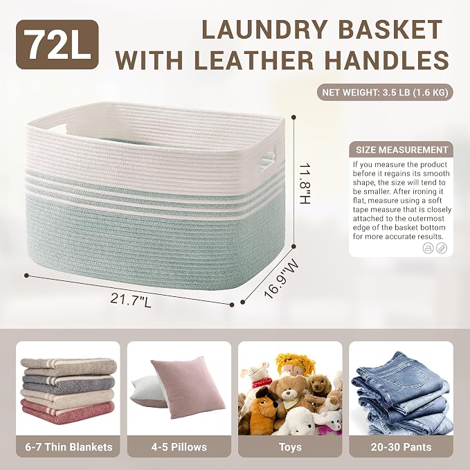 72L Large Woven Laundry Basket Hamper with Handles, Green | collapsible wicker hamper, storage for dirty clothes, toys, blankets, gifts, living room, bedroom, bathroom, 22"x17"x12"