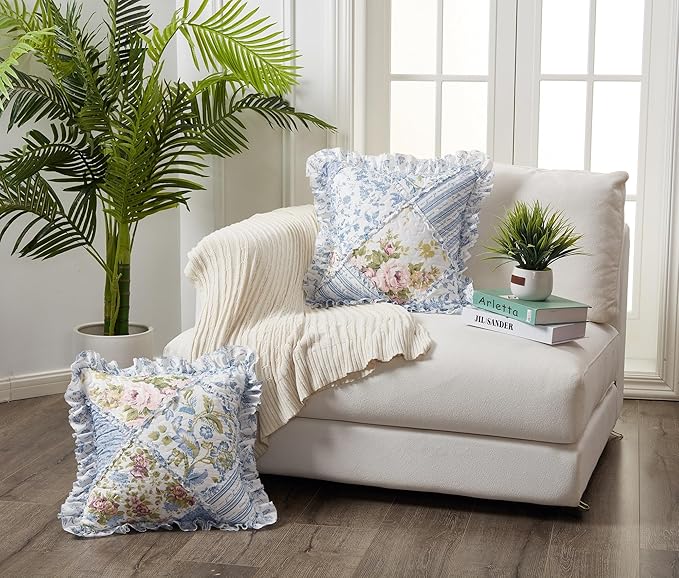 Brilliant Sunshine Blue Roses Ruffle Pillowshams Set, 18"x18" | Patchwork Design with Ruffles, Quilted Pillow Covers, Washable Throw Cushion Cases for Couchs and Beds, Pack of 2