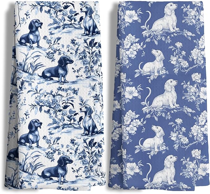 Chinoiserie Dachshund Kitchen Towels Set of 2, Blue and White Floral Botanical Dachshund Decorative Dish Tea Towels, Grandmillennial Weiner Dog Hand Towels for Kitchen Bathroom, 16x24 Inch