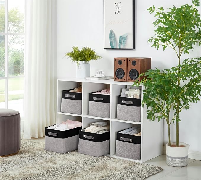 DECOMOMO Storage Bins, Extra Large Fabric Storage Baskets for Shelves 3Pack | 15.8 x 12.5 x 10 inches Decorative Linen Closet Organizers (Grey & Black)