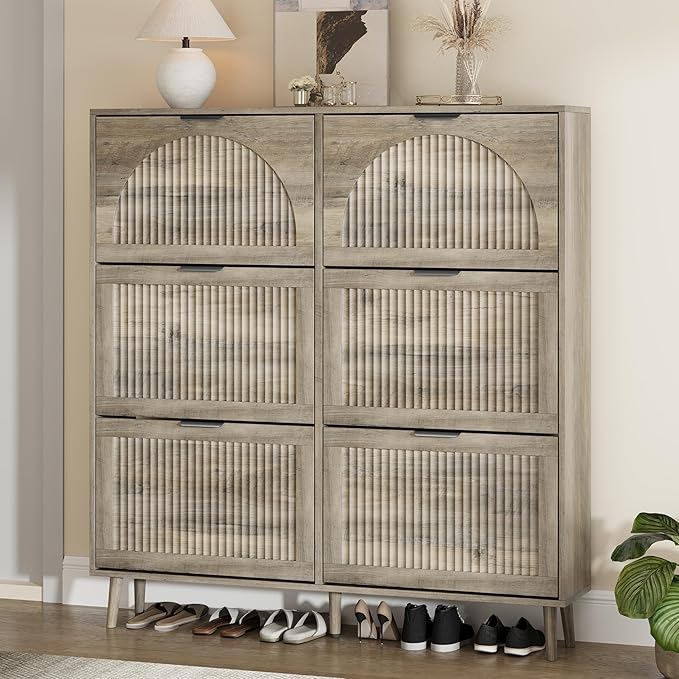 Shoe Storage Cabinet with 6 Flip Drawers, Narrow Wood Shoe Organizer Cabinet with Fluted Panel, Slim Shoe Rack for Entryway, Freestanding Shoe Cabinet for Living Room, Hallway, Grey