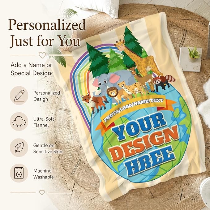 Custom Kid Flannel Blanket, Personalized Throw with Photo Logo Gift for Kid | Custom Name Blanket with Images Text, Lightweight Flannel, Cozy Kids Throw