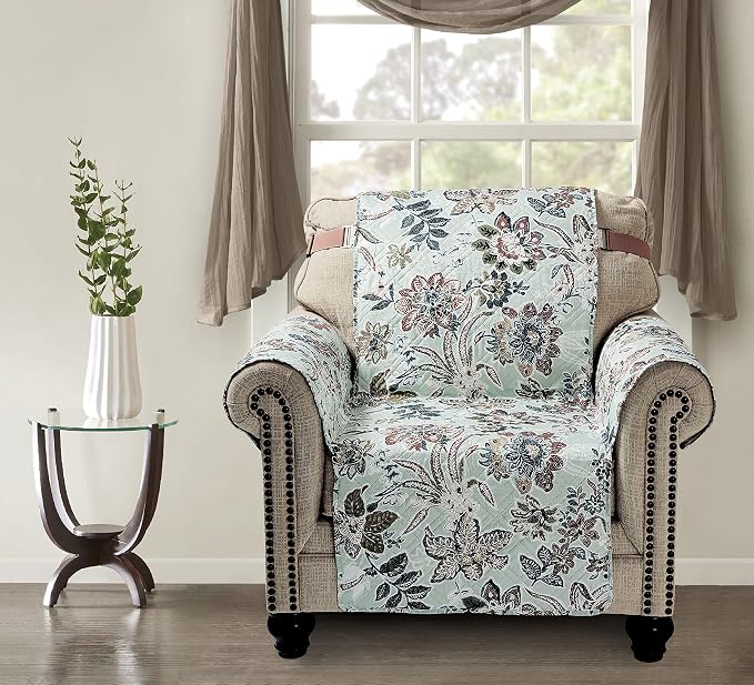 Brilliant Sunshine Green Vintage Flowers Couch Armchair Cover, 23" seat | Quilted Sofa Cover, Living Room & Bedroom Furniture Protector, Washable Chair Slipcover for Pets, Dogs & Cats