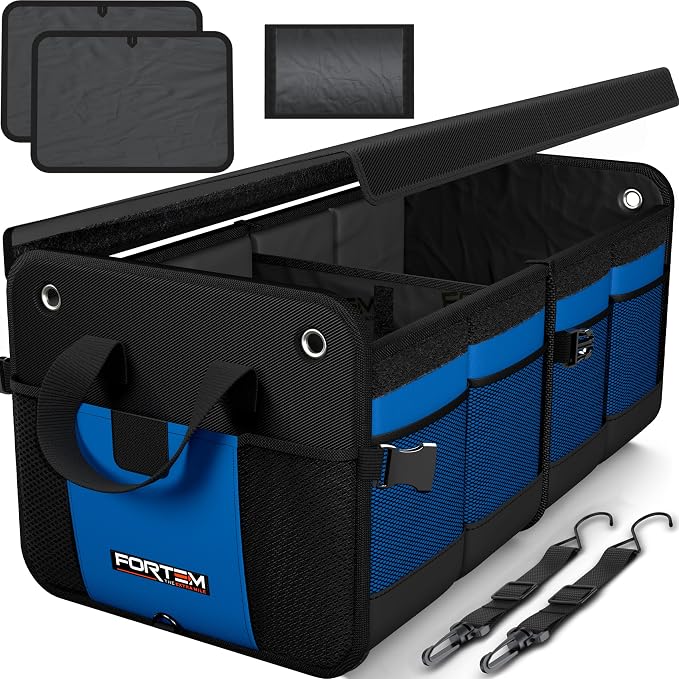 FORTEM Trunk Organizer - Collapsible Car Organizer & Storage Bag for SUVs | Car Accessories for Men & Women, Cooler Bag, Non Slip Bottom, Straps, Soft Cover, 1680D Oxford, 3 Compartments, Blue, 65L