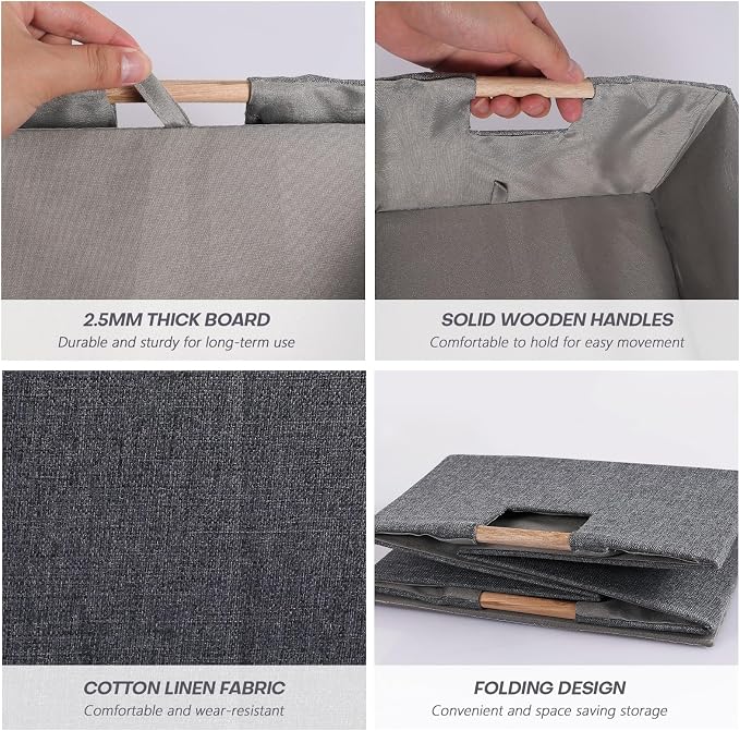 Fabric Storage Box, 15x11in Foldable Cotton Linen Basket with Wooden Handle | Medium Rectangular Cube Decorative Home Laundry Organizer Clothes Blanket Container Organizing Clothes Sheets Jeans, Gray