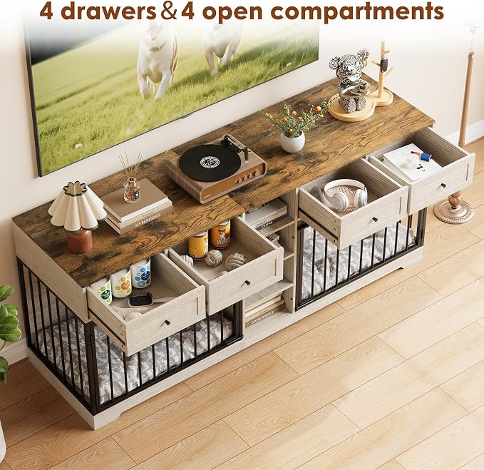 Dog Crate Furniture for 2 Dogs, Double Dog Crate TV Stand, Washed White | 82" Large Dog Kennel Indoor with 4 Storage Drawers and 4 Shelves, Suitable for Small, Medium and Large Dogs