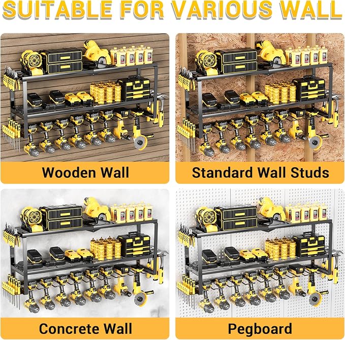Extra Tall Power Tool Organizer Wall Mount,3 Layer,8 Drill Holder,Black | Loads 300 LBS,Heavy Duty Metal Extra Tall Tool Rack,For Battery Storage,Cordless Utility Tool Shelf for Garage, Workshop