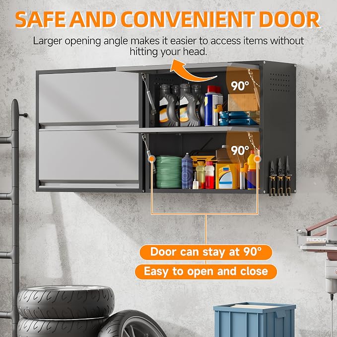 Garage Wall Cabinet, 25.6" H Metal Wall Cabinet with 2 Up-Flip Door | Wall Mounted Metal Storage Cabinet, Upper Cabinet for Kitchen,Garage,Workshop,Warehouse, Assembly Required, Gray