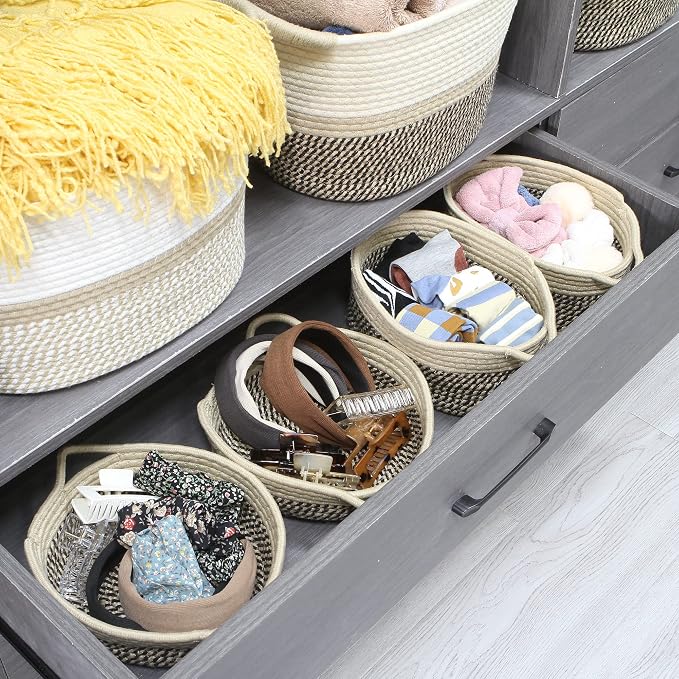 Sea Team 2-Pack Compact Woven Cotton Rope Storage Baskets, Mottled Flaxen | Knitted Decorative Organizer Bins with Handles, Portable Oval Containers for Small Items, Keys, Makeup, Jewelry, Trinkets