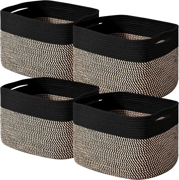ICERZCZ Storage Baskets for Shelves Organizing, Woven Cotton Rope Baskets for Storage, Book Basket, Decorative Shelf Basket, 12.5"Lx9.1''Wx7.9''H (4 Packs) Black & Jute