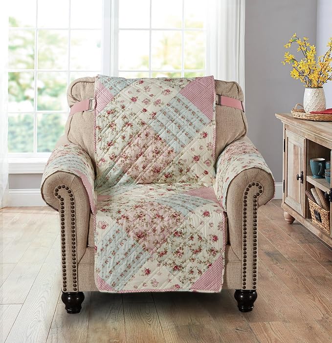 Brilliant Sunshine Pink & Green Roses Couch Armchair Cover, 23" seat | Quilted Sofa Cover, Living Room & Bedroom Furniture Protector, Washable Chair Slipcover for Pets, Dogs & Cats