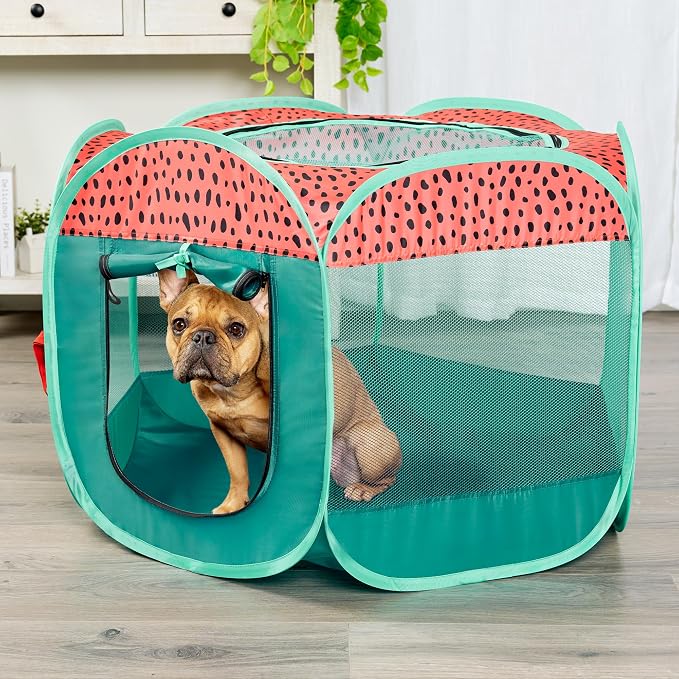 Furhaven Portable Dog Playpen Cat Tent, Pet Playground,Kennel Foldable Indoor Outdoor Zippered Puppy Crate - Green & Pink, Small
