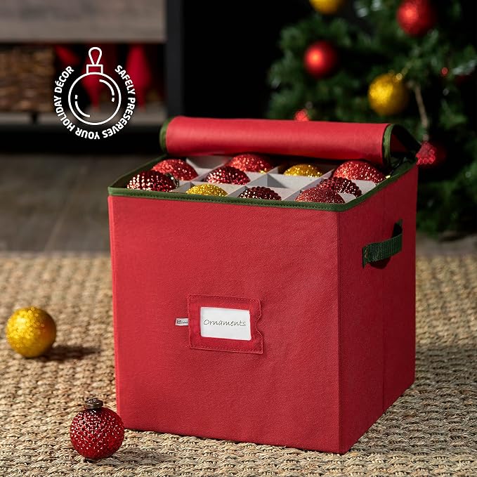 ZOBER Christmas Ornament Storage Box - Stores 64 3" Ornaments, With Dividers - Ornament Organizer Storage Box, Durable Christmas Containers Holder, Dual Zipper - Red