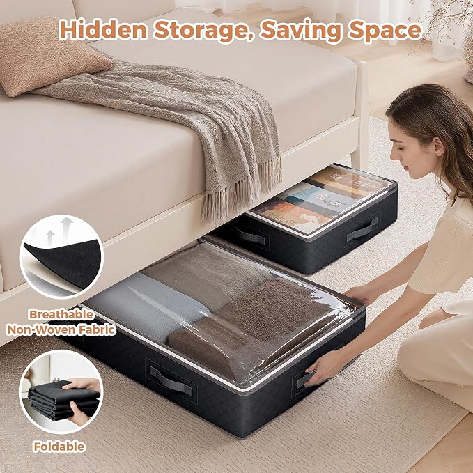95L Under Bed Storage, 4 Pack Closet Organizers Black | Underbed Storage Bags for Blankets, Towels, Comforter, Sweaters, Linen Sheets, Wrapping Paper