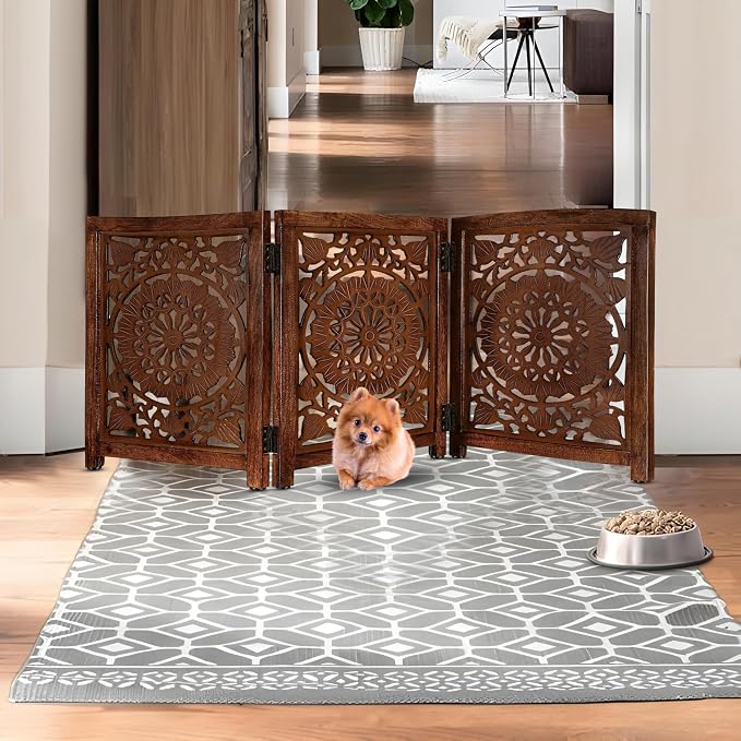 Lightnpro 3‑Panel Wooden Pet Gate – Decorative Carved Foldable Dog Gate, Extra‑Wide Freestanding Indoor Safety Fence for Small Dogs – 24x54 Inch Natural Burnt Finish