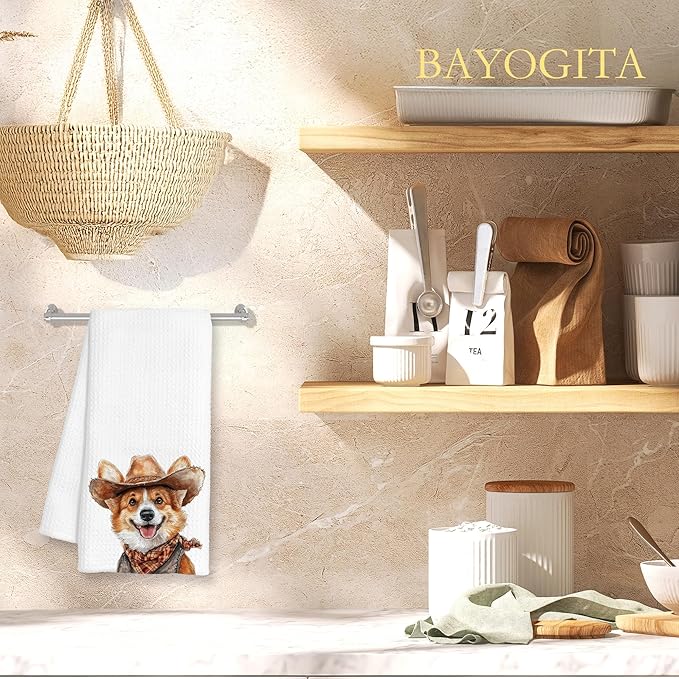 Western Corgi Dog Gifts Kitchen Towels Decorative - Gifts for Corgi Lovers Dish Tea Towels for Kitchen Drying, Cowboy Hat Dog Hand Towels for Bathroom Decor, 16x24 Inch
