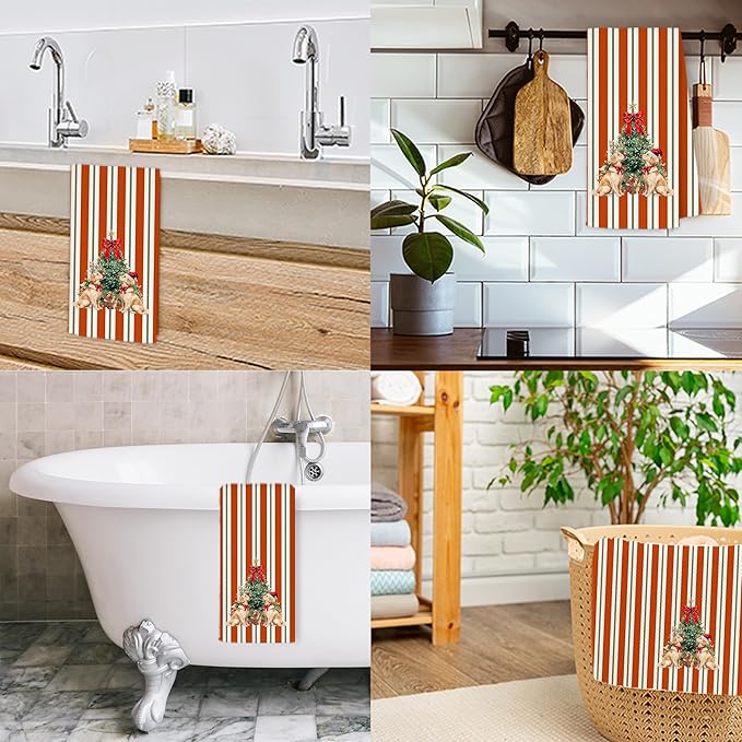 Christmas Tree Golden Retriever Kitchen Towels, Golden Retriever Lover Gifts Dish Tea Towels for Kitchen, Red and Green Striped Christmas Dog Hand Towel for Bathroom, 16x24 Inch