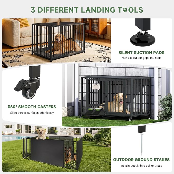 43.3" Heavy Duty Large Dog Crate with Wheels & Feeding Bowls, 3 in 1 Foldable Extra Large Dog Kennel & Playpen, Indestructible Escape-Proof Metal Dog Cage for Large Dogs, Indoor Outdoor, Black