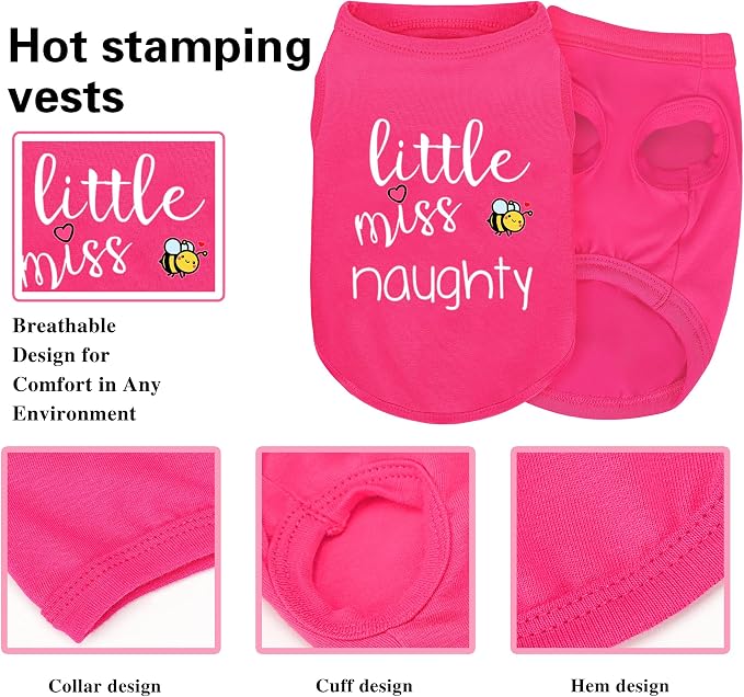 Pink Cotton Dog Shirt with 'Little Miss Naughty' Bee Print, Soft & Breathable Pet Apparel for Small to Large Dogs, All-Season Sleeveless Vest, Cute and Comfortable Dog Outfit.Pink S