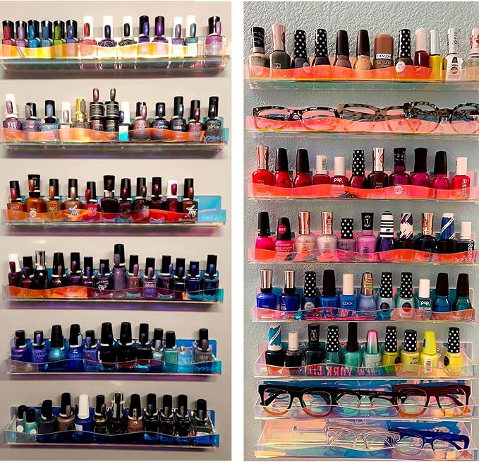 15" Nail Polish Rack Wall Mounted Shelf,6 Pack Clear Rainbow Iridescent Acrylic Organizer Nail Supplies for Nail Techs,Great Display for Salons Retailers