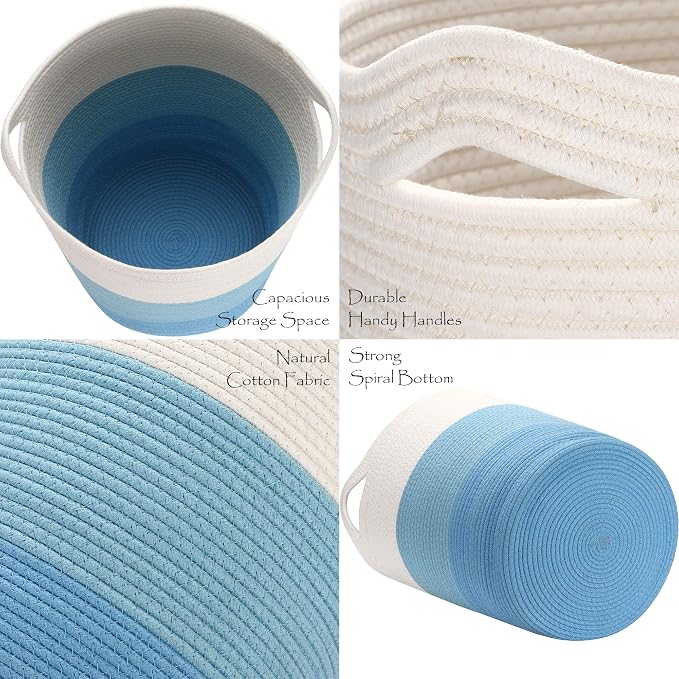 Sea Team Large Woven Cotton Rope Laundry Basket with Handles, 20 x 14 in | Collapsible Knitted Hamper, Closet Shelf Organizers, Containers for Clothing, Blankets, Toys, Bedding, Blue