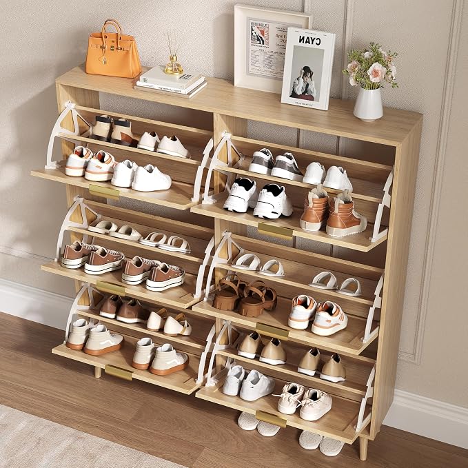 BORNOON Shoe Cabinet for Entryway with 6 Flip Drawers, Slim Wooden Shoe Storage Organizer with Modern Fluted Pannel，Freestanding Narrow Hidden Shoe Rack for Hallway, Foyer, Living Room