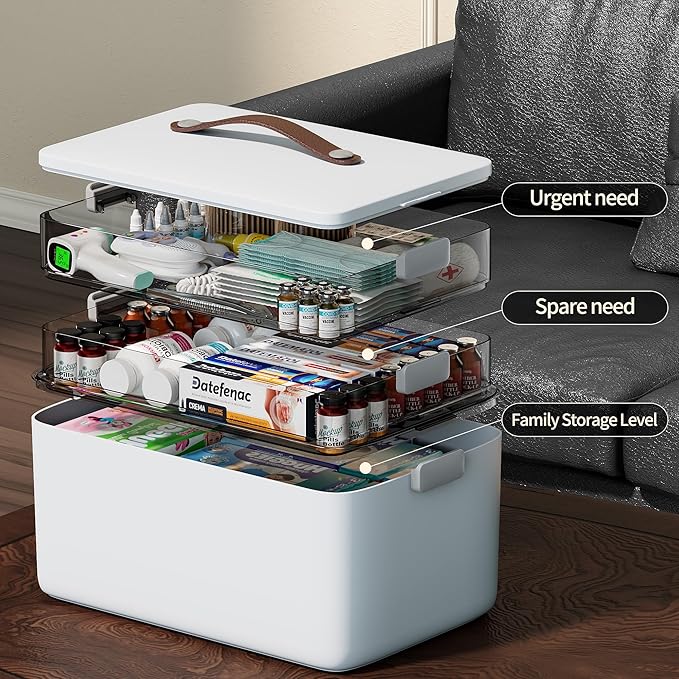 CTIME 3-Tier Medicine Organizer - Portable Medicine Cabinet with Handle | Multipurpose Medical Box, Pill Organizer, Empty First Aid Kit for Home