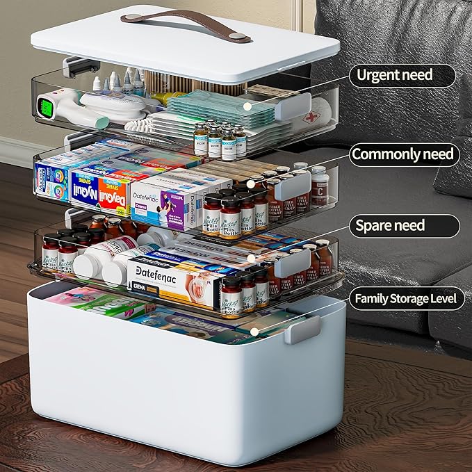 CTIME 4-Tier Medicine Organizer - Portable Medicine Cabinet with Handle | Multipurpose Medical Box, Pill Organizer, Empty First Aid Kit for Home Organization Must