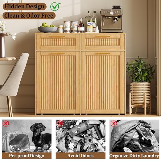 2 X 13 Gallon Pull Out Trash Can Cabinet, Double Trash Cabinet, Natural Oak | Fluted Kitchen Trash Cabinet with Drawers, Freestanding Hidden Garbage Pet Proof Trash Can Holder for Laundry, Living Room