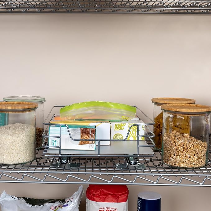 Household Essentials Brushed Steel Pull-Out Pantry Basket with Plastic Liner, Silver