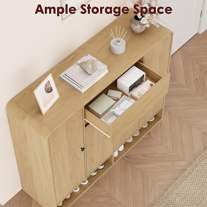Garvee Shoe Cabinet with 4 Doors and 1 Drawer, Freestanding Wood Shoe Storage Organizer with Open Bottom Shelf, Modern Entryway Shoe Cabinet for Hallway, Foyer, Natural Oak