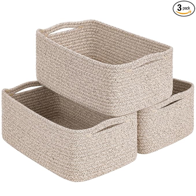 Goodpick 3-Pack Rope Storage Baskets for Closet Organizing, 13 x 8 x 5 | Woven Baskets for Shelves Fit Bedroom Lving Room, Large Baskets for Gift Empty, Dog Toy Basket for Pets, White & Brown