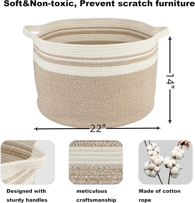 XUANGUO Extra Large Cotton Rope Round Storage Basket 22" x 14" | Woven basket for blankets, toys, towels, laundry, nursery, living room and pet toy storage.