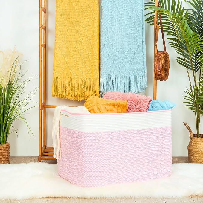 112L Extra Large Blanket Basket Holder Living Room, 25"x17"x16" Rectangle Rope Woven Storage Basket with Handles for Laundry, Towels, Shoes, Dog Toy Organizer Bin Box, Light Pink