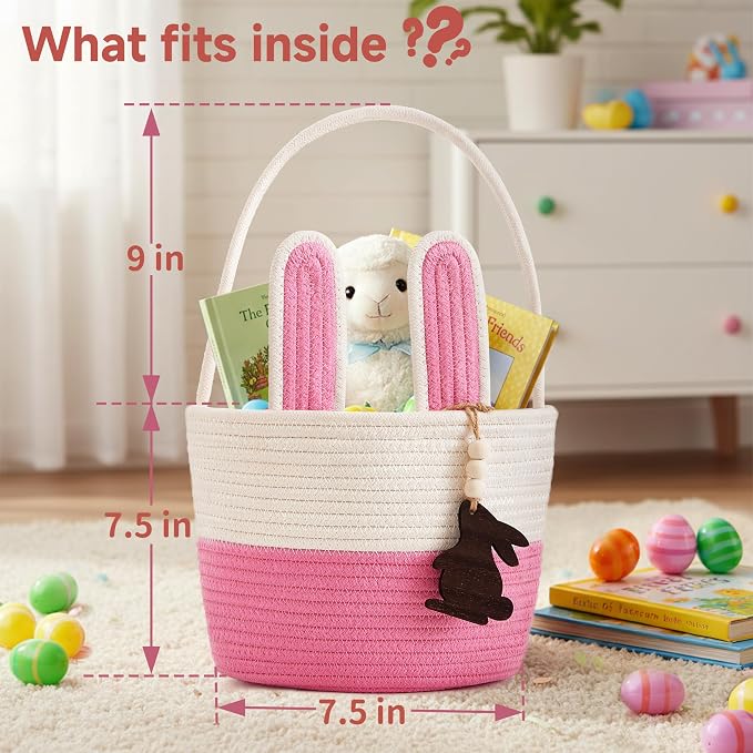 Pro Goleem Easter Basket for Kids, Adorable Woven Egg Hunt Bucket with Handle, Soft First Easter Gift Tote Bag, Nursery Toy Storage Bin with Tag(Pink)