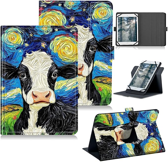 Universal Case for T-Mobile Revvl Tab 2 10.1" Model:9185W 2025/Revvl Tab 5G 10.36" 2023, 360 Degree Rotating Kickstand Protective Stand Leather Shell Cover for 9"-10.5", Black and White Cow