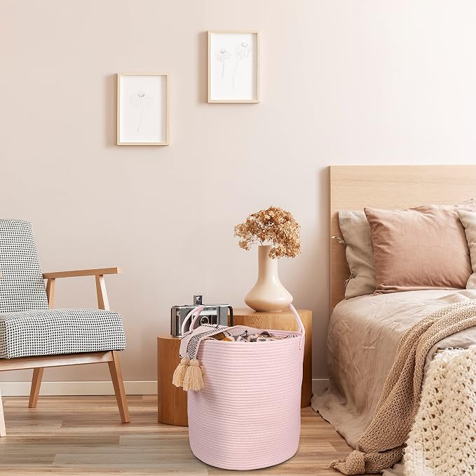 XUANGUO Cotton Rope Laundry Basket Hamper for Girls Kids Baby Nursery Hamper Bin Woven Storage Basket for Living Room Girls room Boho Tall Rope Baskets for Blanket Toys Large light pink (Pack of 2)